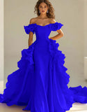 Yellow Off The Shoulder Mermaid Ruffles Satin Prom Dress