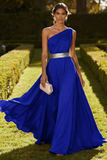 Dusty Blue One Shoulder A Line Chiffon Maxi Formal Dress
