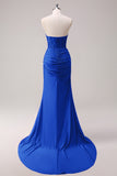 Corset Fuchsia Mermaid Strapless Ruched Corset Long Prom Dress with Slit