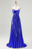 Sparkly Golden A Line Sweetheart Metallic Satin Pleated Long Prom Dress