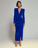 Olive Sheath V-Neck Ruched Velvet Long Formal Dress with slit
