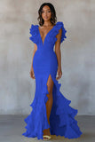 Yellow Mermaid V-Neck Tiered Long Formal Dress with Ruffled Slit