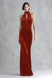 Burgundy Velvet Halter Keyhole Long Formal Dress