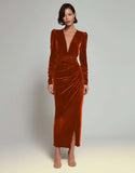 Velvet Sheath Olive V-Neck Ruched Choir Dress with slit