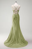 Sparkly Dark Green Mermaid Spaghetti Straps Beaded Corset Satin Long Prom Dress with Slit