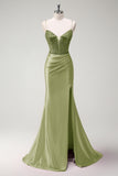 Sparkly Dark Green Mermaid Spaghetti Straps Beaded Corset Satin Long Prom Dress with Slit