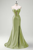 Sparkly Sage Mermaid Strapless Beaded Corset Ruched Satin Prom Dress with Slit