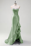 Sparkly Champagne Mermaid Strapless Ruffle Corset Satin Long Prom Dress with Slit