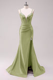 Sage Mermaid Spaghetti Straps Corset Sequin Prom Dress with Slit