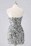 Sparkly Fuchsia Strapless Tight Short Sequins Corset Homecoming Dress with Beading