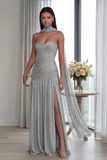Dusty Sage Strapless A Line Pleated Long Formal Dress with Slit