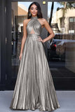 Gold Halter Neck A-Line Metallic Cut-Out Pleated Long Prom Dress