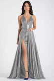 Sparkly Navy A-Line Spaghetti Straps Sequins Long Prom Dress with Slit