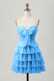 Sky Blue Strapless A Line Tiered Short Prom Dress with Bow