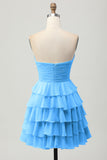 Sky Blue Strapless A Line Tiered Short Prom Dress with Bow
