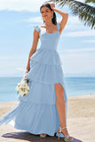 Ink Blue A-Line Corset Tiered Long Bridesmaid Dress with Ruffle Slit