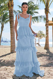 Sky Blue A-Line Bow Tie Straps Corset Chiffon Long Bridesmaid Dress with Slit