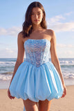 Sprakly Strapless Beaded A Line Corset Little White Dress with Bow