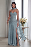 Dusty Sage Strapless A Line Pleated Long Formal Dress with Slit