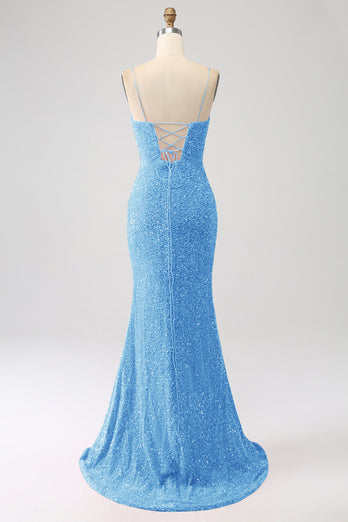 Navy Mermaid Spaghetti Straps Sequin Prom Dress With Split