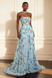 Purple Strapless Appliqued A-Line Long Prom Dress With 3D Flowers