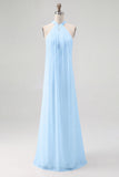 Elegant Sky Blue Halter Chiffon Formal Dress