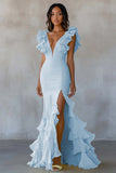 Yellow V-Neck Mermaid Ruffles Formal Dress with Slit