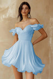 A Line Ruffled Off the Shoulder Pleated White Graduation Dress