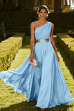 Dusty Blue One Shoulder A Line Chiffon Maxi Formal Dress