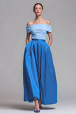 Off the Shoulder Fuchsia and Red A Line Color Block Midi Formal Dress
