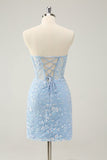 Light Blue Corset Sequins Sweetheart Short Tight Homecoming Dress with Lace-up Back