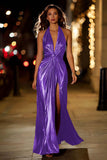 Gold Halter Metallic Ruched Long Formal Dress wth Slit