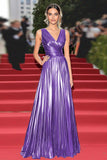 Sparkly Golden Metallic V-Neck A Line Pleated Gala Dress