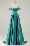Blue A-Line Off The Shoulder Satin Long Bridesmaid Dress with Slit