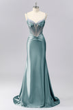 Sparkly Grey Blue Spaghetti Straps Mermaid Satin Prom Dress with Rhinestones