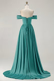 Blue A-Line Off The Shoulder Satin Long Bridesmaid Dress with Slit