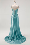 Mermaid Spaghetti Straps Corset Blush Long Prom Dress with Rhinestones