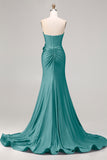 Royal Blue Strapless Mermaid 3D Flowers Beaded Long Prom Dress with Slit