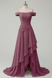 Off the Shoulder Chiffon Butter Yellow A-Line Ruched Maxi Dress with Slit