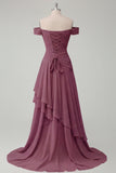 Off the Shoulder Chiffon Butter Yellow A-Line Ruched Maxi Dress with Slit