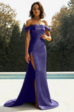 Gold Off The Shoulder Sheath Metallic Satin Prom Dress with Slit