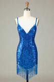 Sparkly Bodycon Spaghetti Straps Sequins Short Blue Homecoming Dress with Tassel