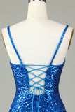 Sparkly Bodycon Spaghetti Straps Sequins Short Blue Homecoming Dress with Tassel