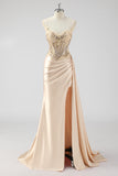 Green Mermaid Side Streamer Pleated Long Corset Satin Prom Dress With Slit