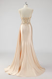 Green Mermaid Side Streamer Pleated Long Corset Satin Prom Dress With Slit