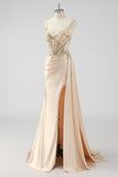 Green Mermaid Side Streamer Pleated Long Corset Satin Prom Dress With Slit
