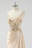 Green Mermaid Side Streamer Pleated Long Corset Satin Prom Dress With Slit