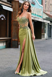 Green Mermaid Side Streamer Pleated Long Corset Satin Prom Dress With Slit