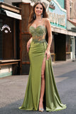 Green Mermaid Side Streamer Pleated Long Corset Satin Prom Dress With Slit