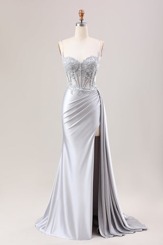Silver Mermaid Pleated Sheer Long Corset Satin Prom Dress With Slit